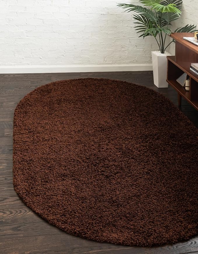 Unique Loom Solid Shag Collection Area Rug (5' 1" x 8' Oval, Chocolate Brown)