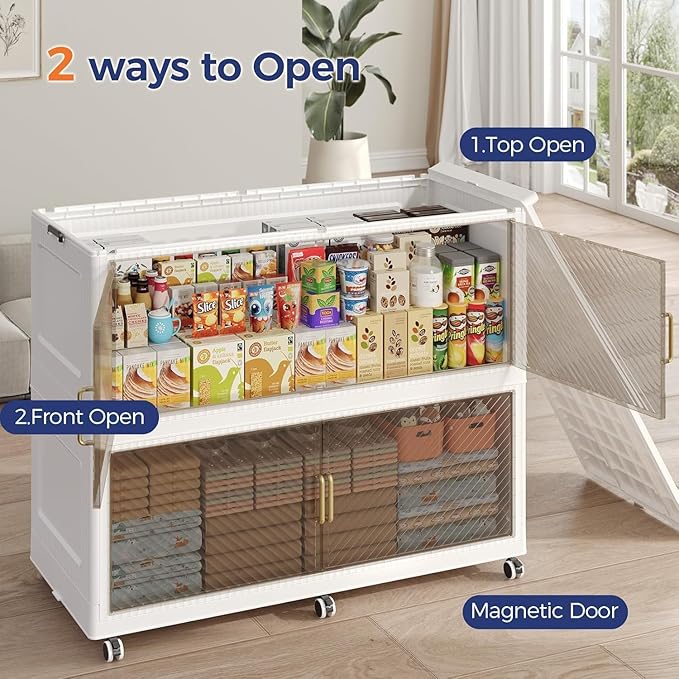 200GAL Extra Large Storage Bins with Lid, 800QT Collapsible Organizer with Wheels, Stackable Closet Cabinet with Doors, Folding Storage Containers for Home, Office, Kitchen, 4Pack White