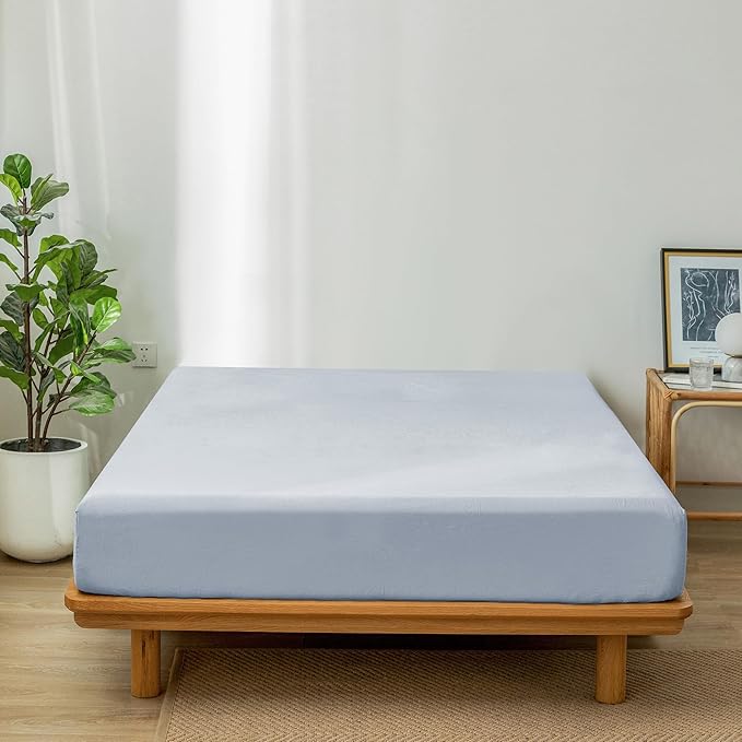 MooMee Fitted Bottom Sheet Only 100% Washed Cotton Linen Like Textured Breathable Durable Soft Comfy Deep Pocket Fits Mattress up to 17" (Cornflower Blue, Queen)