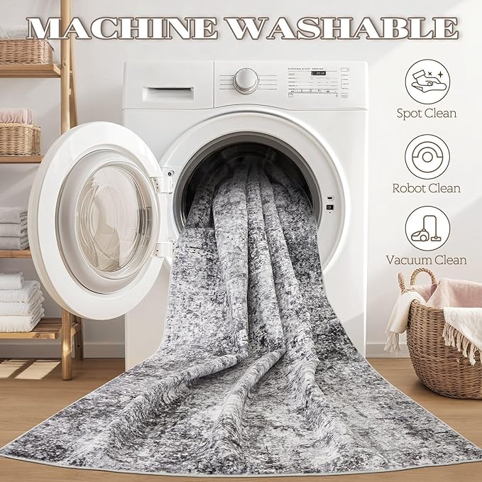 2x3 Entryway Area Rug: Washable Neutral Modern Abstract Small Rug - Non-Slip Low Pile Throw Indoor Carpet for Entrance Kitchen Front Door Mat Bathroom Entry Kids Room - Grey