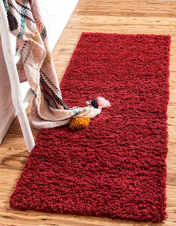 Unique Loom Solid Shag Collection Area Rug (2' 6" x 13' 1" Runner, Cherry Red)