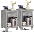 SAVOR LIFE Farmhouse End Tables Living Room Set of 2, Rustic Wood Nightstand with 1 Drawer, Bedside Table with Open Shelf for Bed Room, Side Table for Living Room, Grey