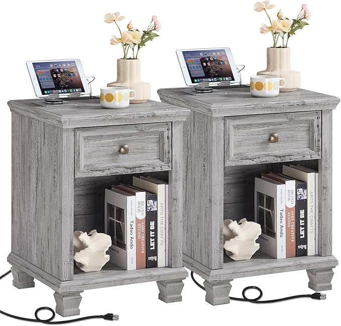 SAVOR LIFE Farmhouse End Tables Living Room Set of 2, Rustic Wood Nightstand with 1 Drawer, Bedside Table with Open Shelf for Bed Room, Side Table for Living Room, Grey