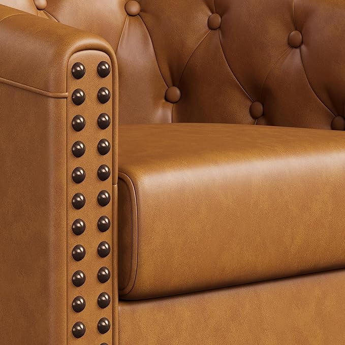 Swivel Barrel Accent Chair,Round Nailhead Faux Leather Living Room Arm Chairs,Modern Upholstered Comfty Reading Nook Chairs for Bedroom,Small Club Armchair,Single Sofa Side Chair,Caramel Brown