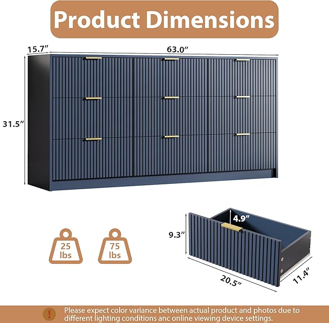 Navy 9 Drawer Dresser for Bedroom, 63" Wide Modern Fluted Dresser with Gold Metal Handles, Chest of Drawers for Bedroom, Living Room, Entryway, Hallway