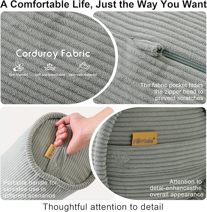 Cuddle Pillow – Corduroy Long Body Pillow for Adults, Cozy Bolster Pillow for Bed, Soft & Supportive for Relaxing Sleep,39 x 7.87 Inches,Grey Green