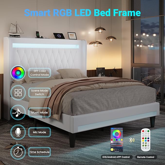 Allewie Upholstered Full Size Platform Bed Frame with LED Light and Charging Station, Button Tufted High Headboard, Wingback Design, Noise Free, Easy Assembly, No Box Spring Needed, White