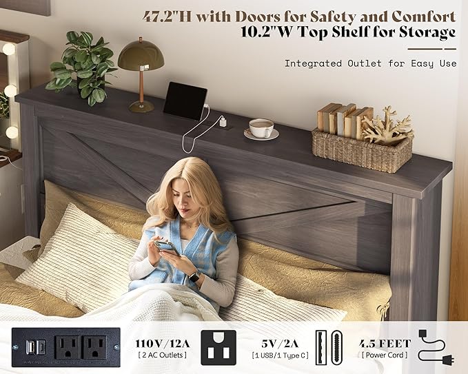 AMERLIFE 47.2" H Full Bed Frame with Hidden Space Bookcase Headboard and Charging Station, Beds with 2 Storage Drawers and Wood Slats, No Box Spring Needed, Grey