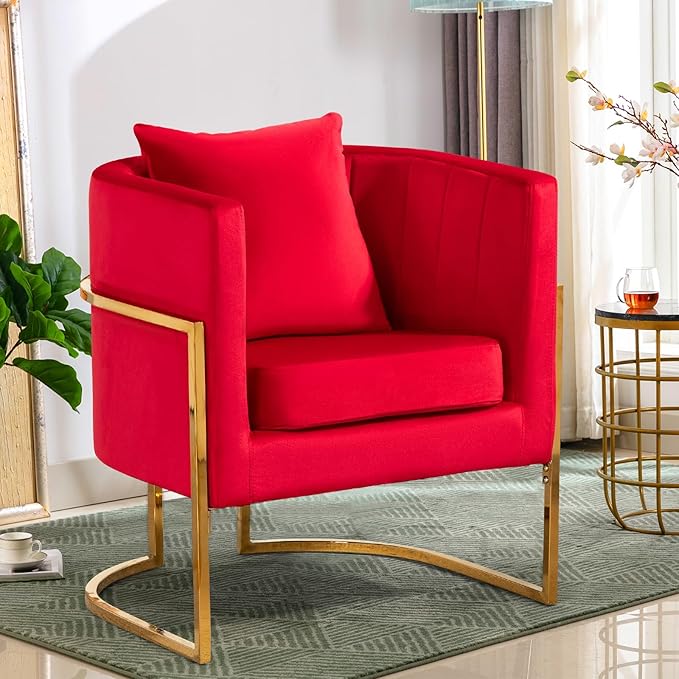 Velvet Modern Accent Chairs Set of 2, Upholstered Barrel Armchair Mid Century with Pillow for Living Room, Comfy Single Vanity Chair with Metal Gold Legs for Bedroom, Rose Red