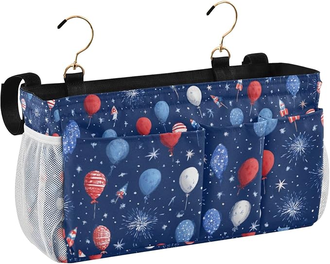 Bedside Caddy Hanging Bunk Bed Caddy Bed Organizer Hanging Pocket with 2 Hooks Bedside Storage Organizer Pocket Bag Holder Navy Blue Patriotic Balloons Fireworks