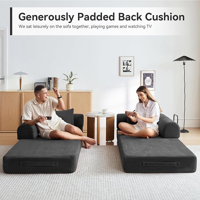 Convertible Sleeper Bed with 2 Cylindrical Pillow, Comfy Foldable Bed Compressed Sofa in Box, Floor Sofa Lounge Couch for Living Room Bedroom Lounge Studio, Tool-Free Assembly (Black)