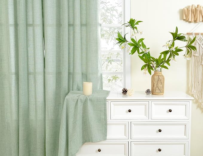 YoungsTex Sage Green Linen Curtains 84 Inches Long for Living Room, Light Filtering Drapes with Bronze Grommet Rustic Semi Sheer Spring Decorative for Dining Bedroom, 52 X 84 Inch, 2 Panels