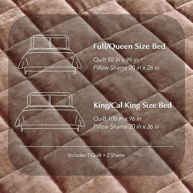 RECYCO Luxury Velvet Quilt Queen Size Bedding Set, Ultra Soft Velvet Comforter Set, Lightweight Quilted Channel Box Stitch Oversized Bedspread Coverlet for All Season, with 2 Shams, Terracotta Clay