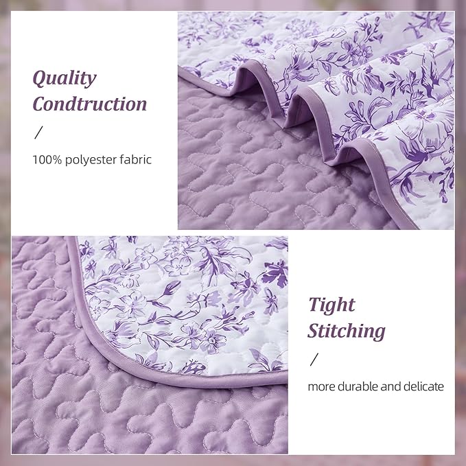 WONGS BEDDING Quilt Queen Size, Purple Quilt Bedding Set with 2 Pillowcases, Botanical Quilt for Queen Bed, Soft Microfiber Lightweight Coverlet Bedspread for All Season (96"×90", 3 Pieces)