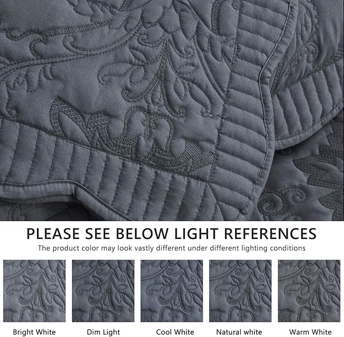 CHIXIN Oversized Bedspread Coverlet Set King Size - Lightweight Bedding Cover - Beautiful Stitching - 4 Piece Reversible Bedspread - Gorgeous Damask Paisley Pattern (King, Dark Grey)