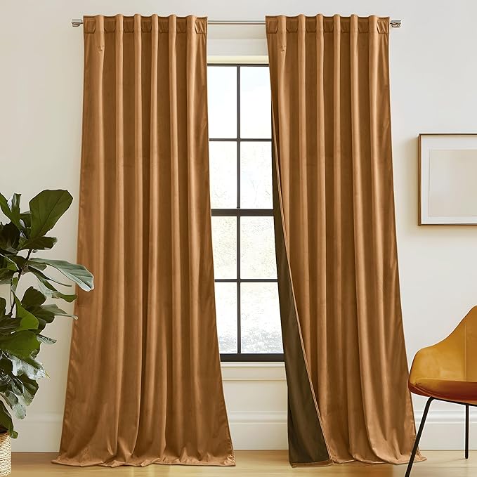 RYB HOME Luxurious Bronze Velvet Curtain Panels for Living Room Bedroom, Heavy Duty Thermal Insulated Back Tab Floor-Length Velvet Drapes for Vintage Decor, 52" W x L84 L, 2 Panels Set