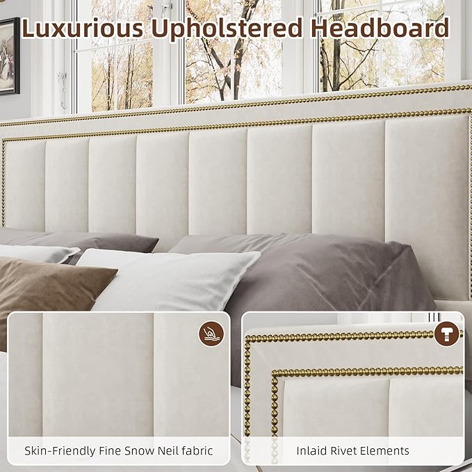 BarnFurin King Size Size Bed Frame with 50" Tall Headboard and Footboard, Chenille Upholstered Platform Bed, Vertical Channel Tufting with Nailhead Trim, No Box Spring Needed, Easy Assembly, Beige