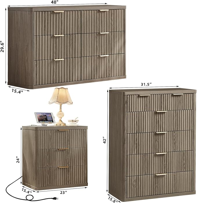 LEYAOYAO Fluted Dressers & Nightstand Set of 3, Wood 48" Wide Dresser & 42" Tall Chest of Drawers,Modern Bedroom Furniture Sets, Grey Wooden Nightstand with 3 Drawers & Charging Station