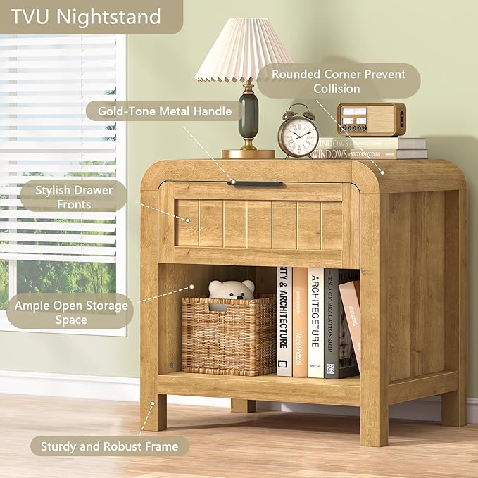 IKENO Wood Nightstand Set of 2 with Storage Drawer, 21" Wide NightStand with Curved Profile Design, Bedside End Table for Bedroom, Living Room, Closet (2, Natural Oak, 1 Drawer)