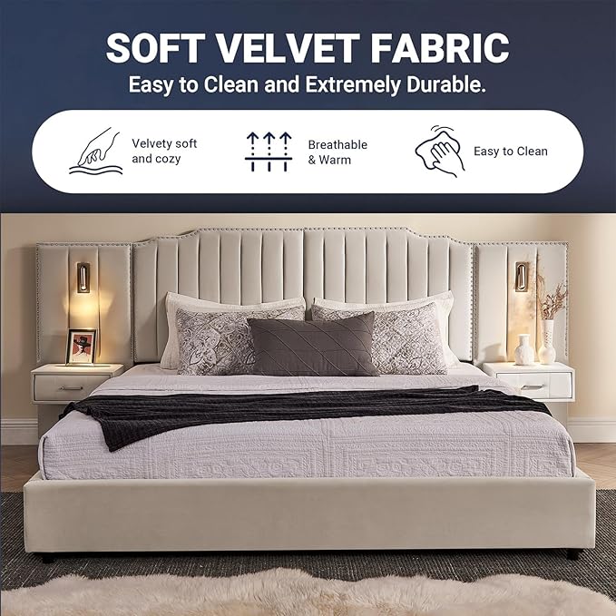 King Size Bed Frame with Storage, Luxury King Platform Bed Frame with Headboard, Velvet Fabric Upholstered Bedframe with LED Lights, Solid Frame & Bedside Table, No Box Spring Needed, Beige