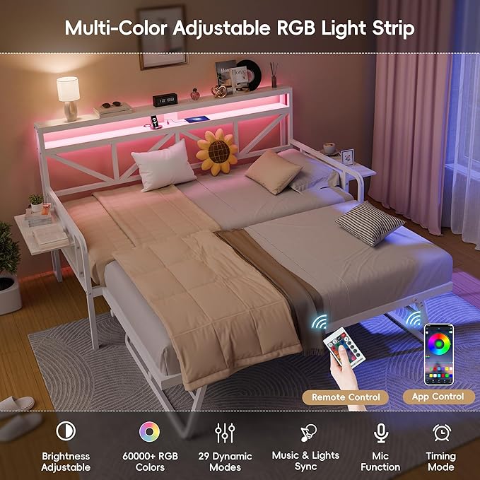 Daybed with Trundle, Heavy Duty Metal Twin Bed Frame with LED Lights & 2-Tier Storage Shelves, Sofa Day Bed with Charging Station & Tabletop for Living Room, Bedroom, Guest Room (White)