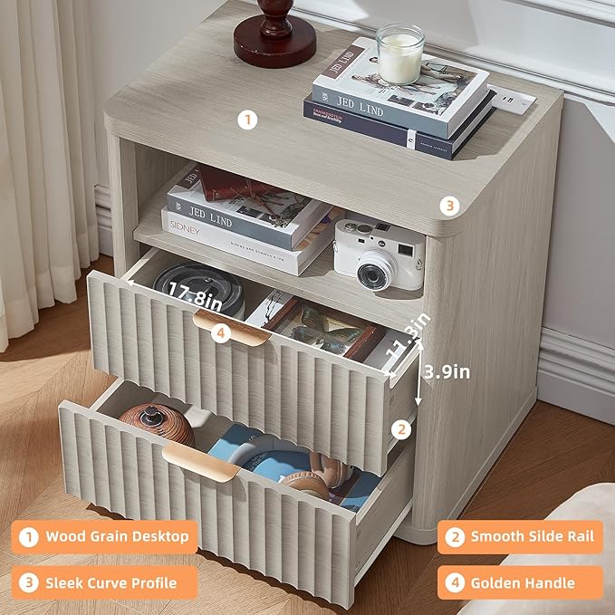 LEYAOYAO Fluted Nightstand with Charging Station, 23" Wide 2 Drawers Night Stand,LightGrey End Table with Open Storage,Farmhouse Bed Side Tables, Wood Dresser for Bedroom, Living Room, Closet