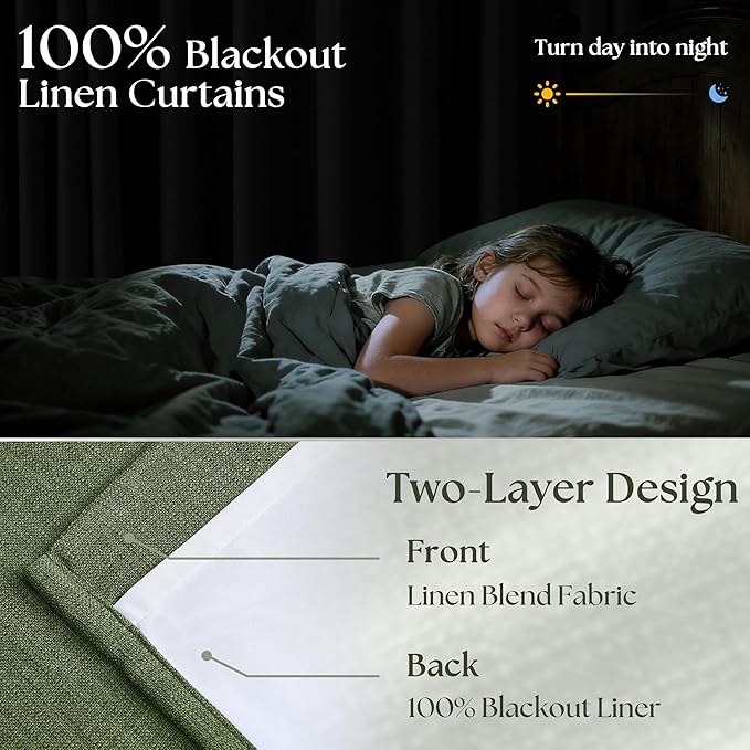 80 Inch Olive Green Linen Blackout Curtains for Living Room 100% Black Out Pinch Pleat Hooks for Living Room Back Tab Thick Linen Textured Pleated Drapes Light Blocking Loden Bedroom Window Curtains