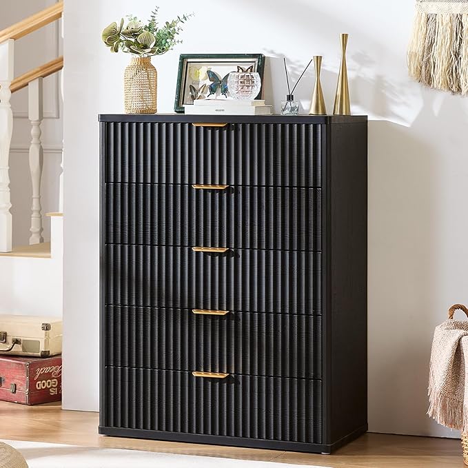 LEYAOYAO Fluted 5 Drawers Dresser Set of 2, 41" Tall Modern Chest of Drawers with Metal Handle, Curved Profile Dresser TV Stand, Wooden Drawer Organizer for Bedroom, Living Room, Hallway, Lightgrey