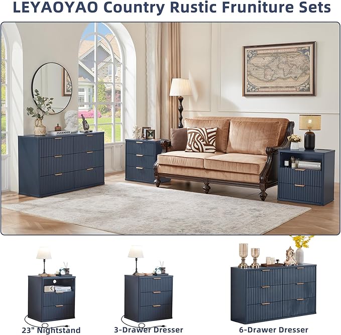 LEYAOYAO 48" Wide Fluted Dresser and 3 Drawers 23" Nightstand Set of 2, Wooden Dresser & Night Stand with Charging Station, 3 Piece Bedroom Furniture Set, Chest of Drawer for Living Room,Blue