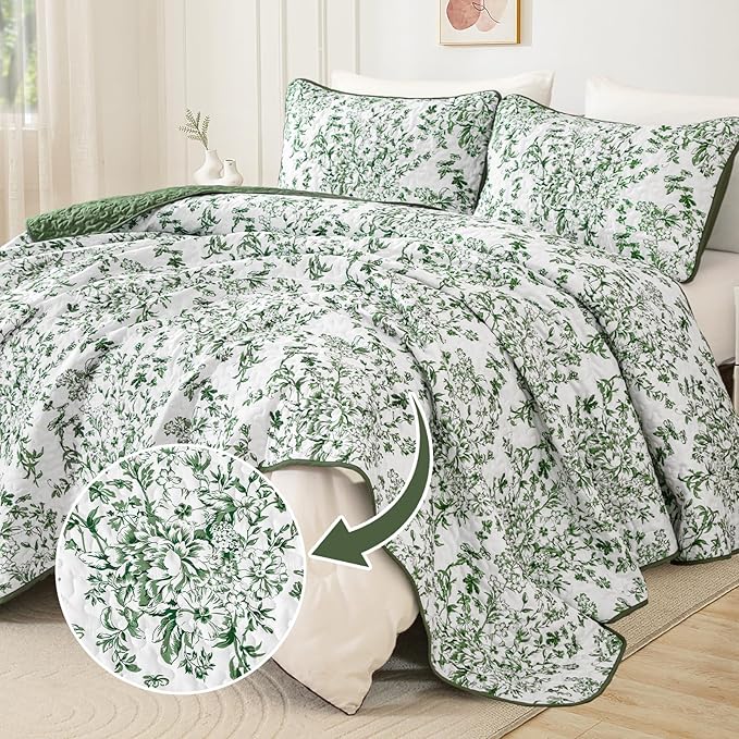 WONGS BEDDING Quilt Queen Size, Green Quilt Bedding Set with 2 Pillowcases, Botanical Quilts for Queen Bed, Soft Microfiber Lightweight Coverlet Bedspread for All Season (96"×90", 3 Pieces)