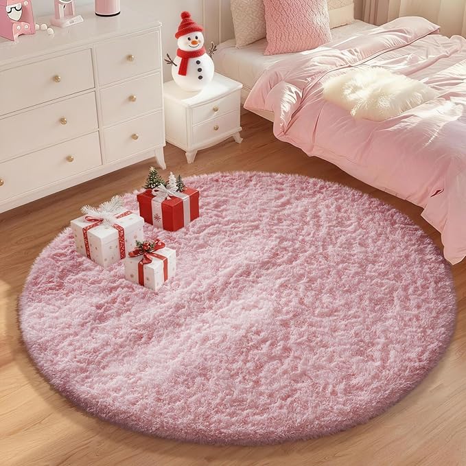 Ophanie Round Rugs 5Ft Pink Circle Area Rug, Fluffy Fuzzy Bedroom Carpet, Plush Soft Shaggy Indoor Floor Kawaii Living Room Rugs for Kids, Cute Room Decor for Teen Girls Home Decor Aesthetic, Nursery