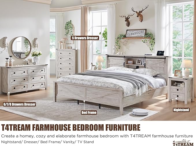 T4TREAM Farmhouse Nightstand Set of 2 with Charging Station, Rustic End Table with 2 Drawers, Storage Open Shelf for Bedroom, Living Room, Wood Side Table, Antique Brush White