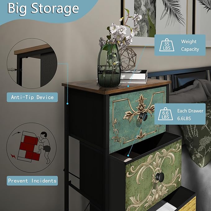 Tohomeor Small Dresser for Bedroom with Retro Flower Narrow Drawers Slim Chest of Drawers Skinny Nightstand Sofa End Table for Living Room Entryway Closet Storage (Multi, 4 Drawers)