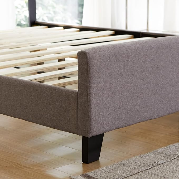 Livinia Amelia Twin Size Platform Bed, Fabric Upholstered Twin Bed Frame with Height Adjustable Headboard Footboard, Strong Wood Slats, No Box Spring Needed, Brown