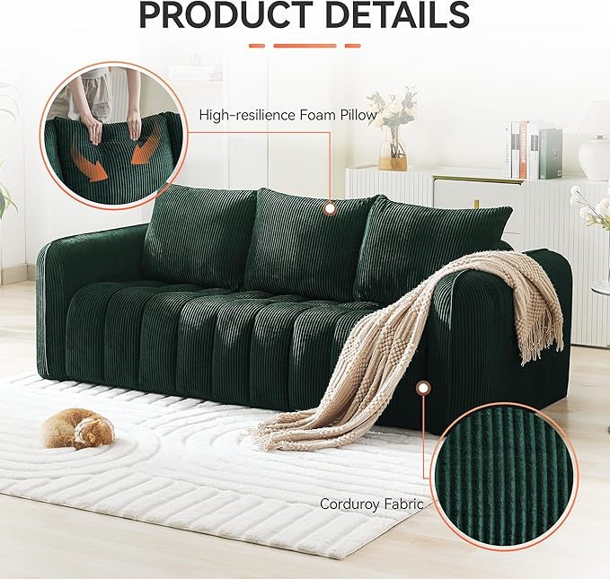 83'' Boneless Corduroy Sofa, Oversized 3 Seater Deep Seat Couch with Rounded Armrest, Modern Upholstered Cloud Sofa for Living Room, No Assembly, Grey
