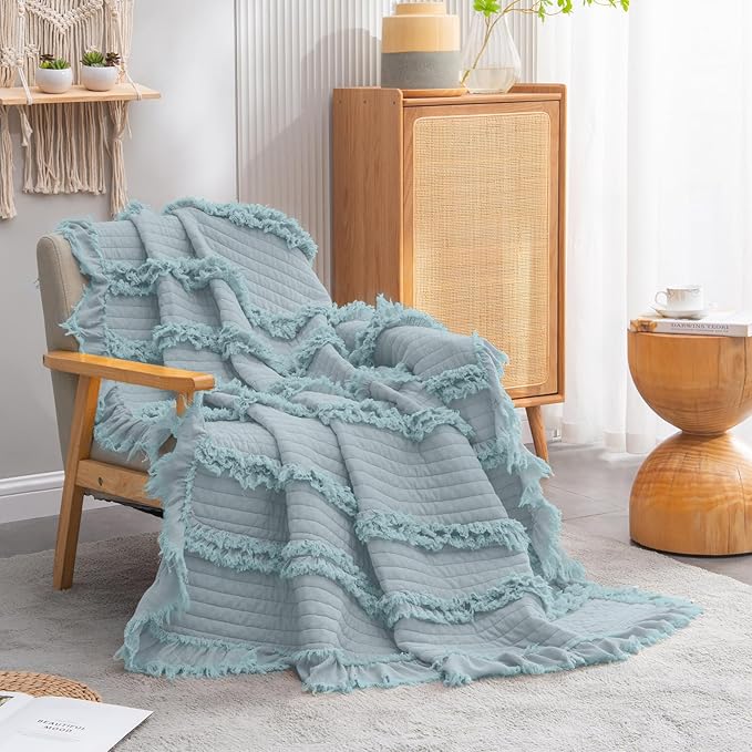 Ultra Soft Pre-Washed Quilted Boho Blue Green King Size Blankets for Bed, Ruffle Fringed Decorative Throw, Stone Washed Chic Rustic Blanket for Sofa Couch Bed, 104"*90"