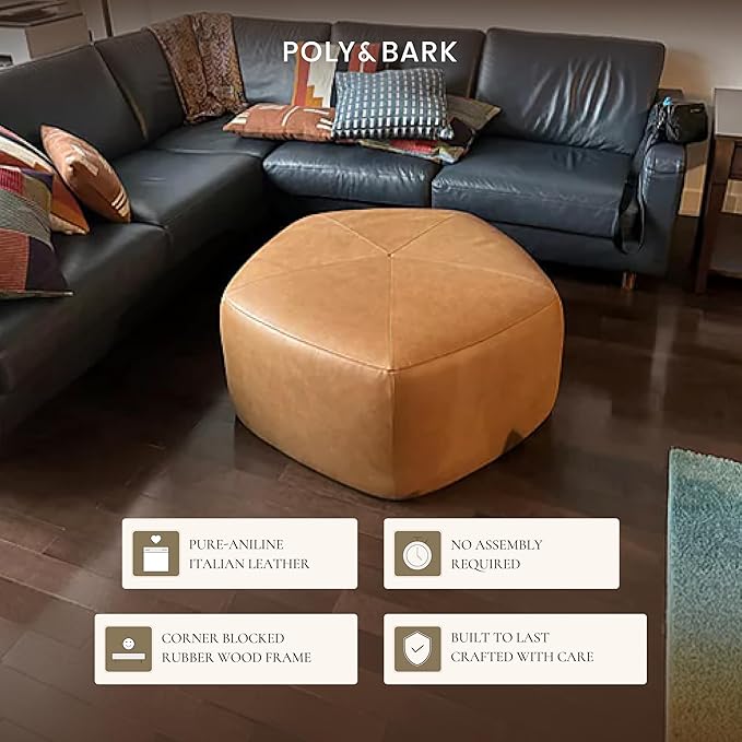 POLY & BARK Porto Ottoman – 37" Pentagon Pouf with Feather-Down Topper – Full-Grain Leather Upholstered Pouf Ottoman for Living Room – Vintage Italian Leather in Cognac Tan