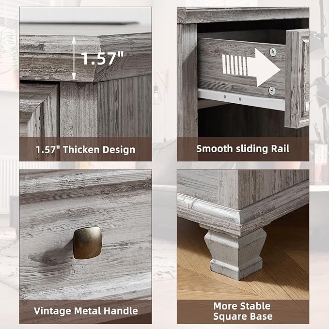 SAVOR LIFE Farmhouse End Tables Living Room with Drawer, Rustic Wood Nightstand with Charging Station, Bedside Table with Open Shelf for Bed Room, Living Room, Grey