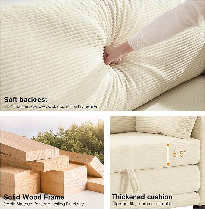 65" Loveseat Sleeper Sofa Bed, Corduroy Convertible Sofa Bed for Small Spaces, Folding Couch Bed with Deep Seat, 2 Pillows & Solid Frame, Pull Out Floor Couches for Living Room, Beige