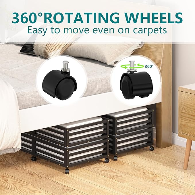 Wisuce Bamboo Under Bed Storage Containers- Underbed Organizer with Wheels with Large Dust Bag,Sturdy Wood Rolling Under the Bed Shoe Storage Organizer Drawer 2 Packs (Black, Long)