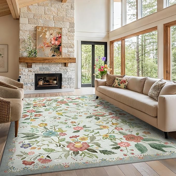 Amada 6x9 Area Rugs, Non-Slip & Low-Profile Living Room Rug with Reinforced Edge Binding, Soft Large Washable Boho Floral Rugs for Living Room, Bedroom, Dining Room