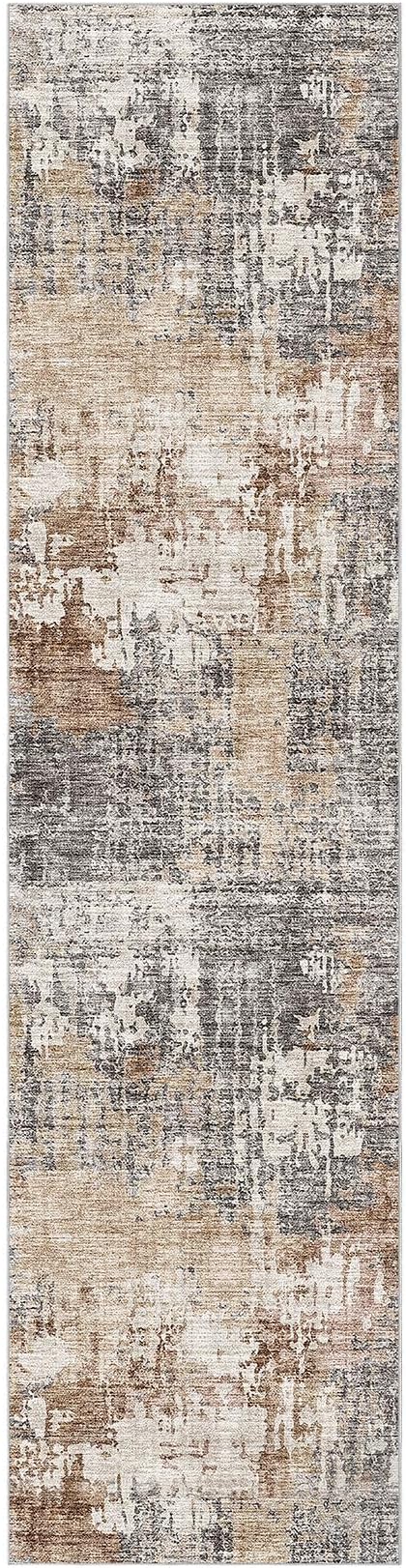 Washable Runner Rug for Hallway: 2.6x10 Neutral Modern Abstract Low Pile Area Rug with Non-Slip Backing - Carpet for Bedroom Kitchen Laundry Entryway Bathroom Indoor - Grey Brown