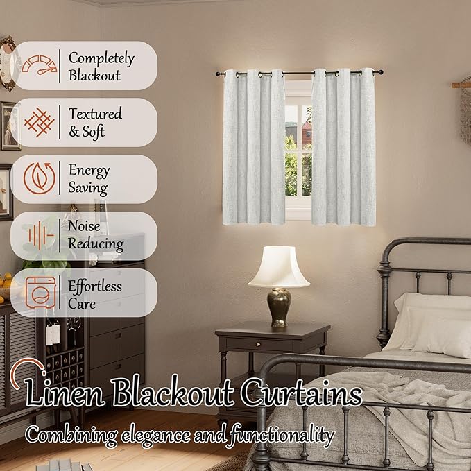 45 Inch Length Linen Blackout Curtains for Short Cafe Window, Thermal Insulated Light Blocking Soundproof Privacy Burlap Curtains 2 Panels, Each 38 Inch Wide Light Grey