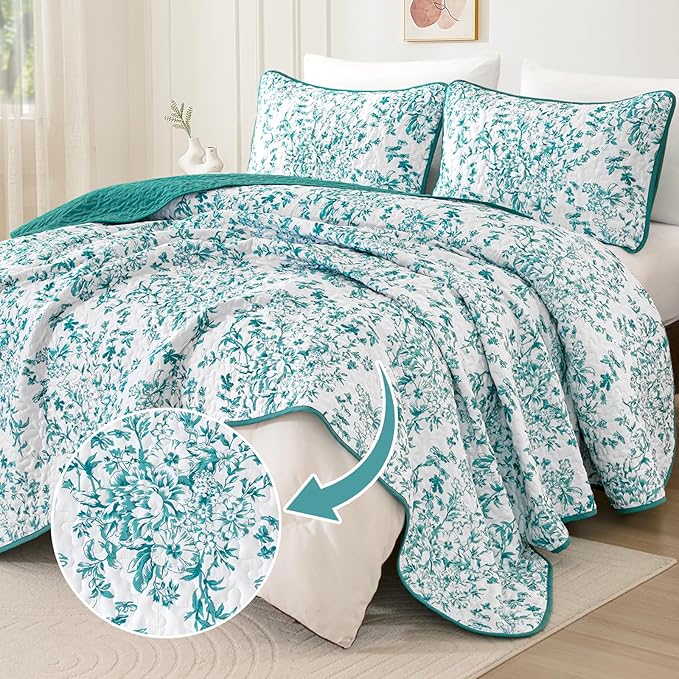 WONGS BEDDING Quilt Queen Size, Teal Quilt Bedding Set with 2 Pillowcases, Botanical Quilt for Queen Bed, Soft Microfiber Lightweight Coverlet Bedspread for All Season (96"×90", 3 Pieces)