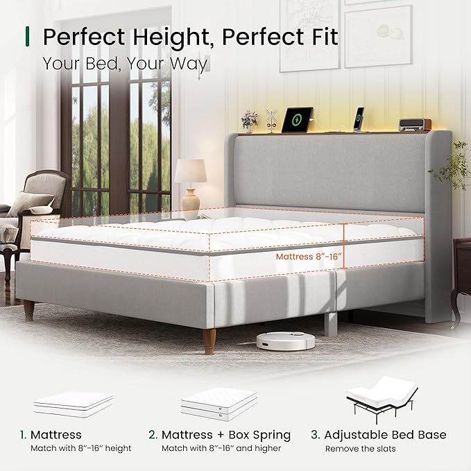 LARMACE Queen Size Bed Frame with LED Lights and Charging Station Linen Upholstered Platform Bed Frame with 51.2" Tall Wingback Headboard and Storage Shelf, No Box Spring Needed, Easy Assembly, Grey