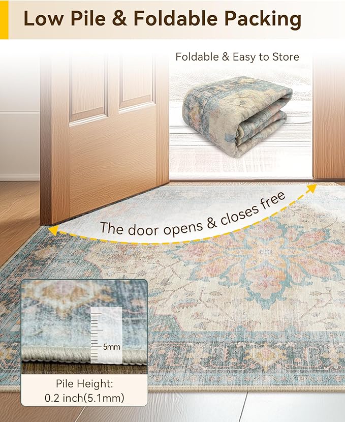 Area Rugs Round 6ft Washable Non-Slip, Floral Vintage Distress Print Pattern Medallion Carpet for Living Room Bedroom Dining Room, Blue Orange Red