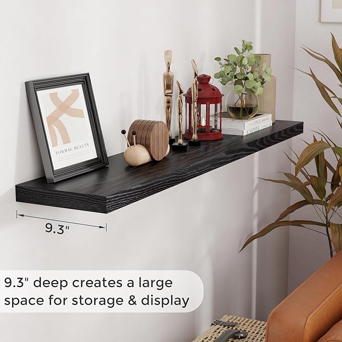 Fun Memories 55 Inch Floating Shelves for Wall Set of 2, 55x9.3 Large Floating Shelf for Bedroom, Kitchen, Bathroom, Wall Mounted Rustic Wood Shelves with Invisible Bracket for Books, Decor, Black