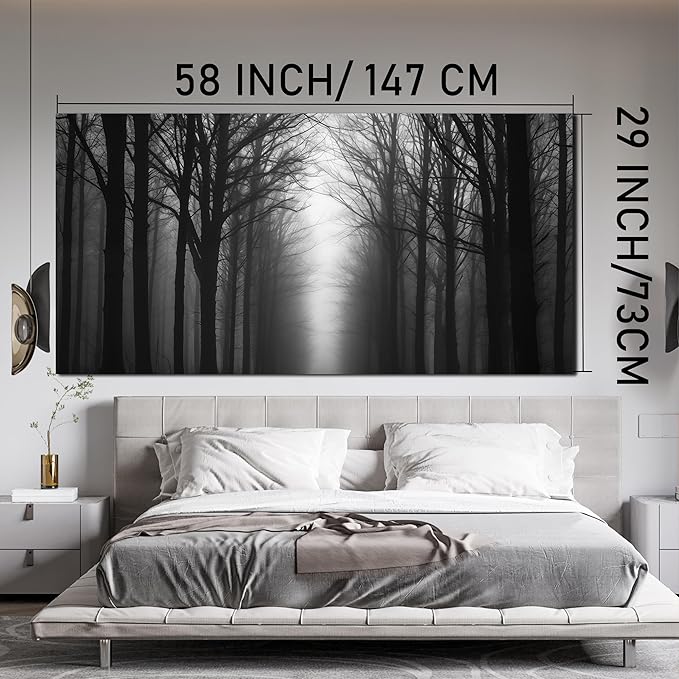 Trogonup Misty Forest Canvas Wall Art Black and Grey Tree Landscape Canvas Print Large Artwork for Living Room Bedroom Office Dining Room 29"x58"