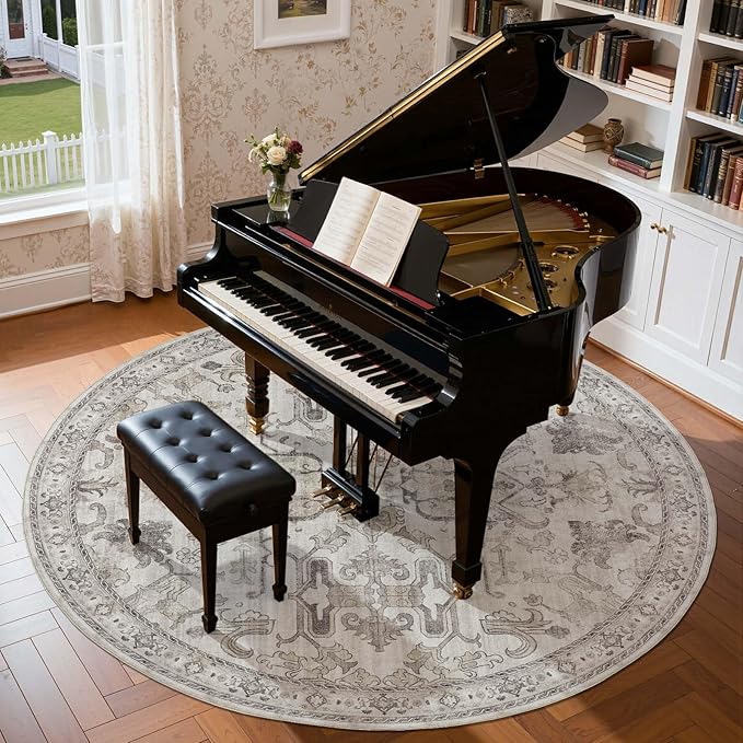jinchan Round Rug 8ft Area Rug Vintage Floor Mat Kitchen Indoor Ultra-Thin Soft Floral Print Washable Circle 8' Accent for Farmhouse Non Slip Dining Room Living Room Bedroom Office Taupe