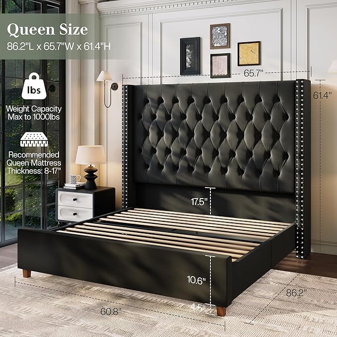 Jocisland Queen Size Bed Frame with 61.4" Tall Headboard, Velvet Upholstered Wingback Platform Design, Handcrafted Pleats& Deep Button Tufted, Solid Wood Legs, No Box Spring Needed, Black